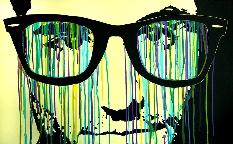 A painting depicting a close up of a face with glasses and colorful paint dripping down the canvas.