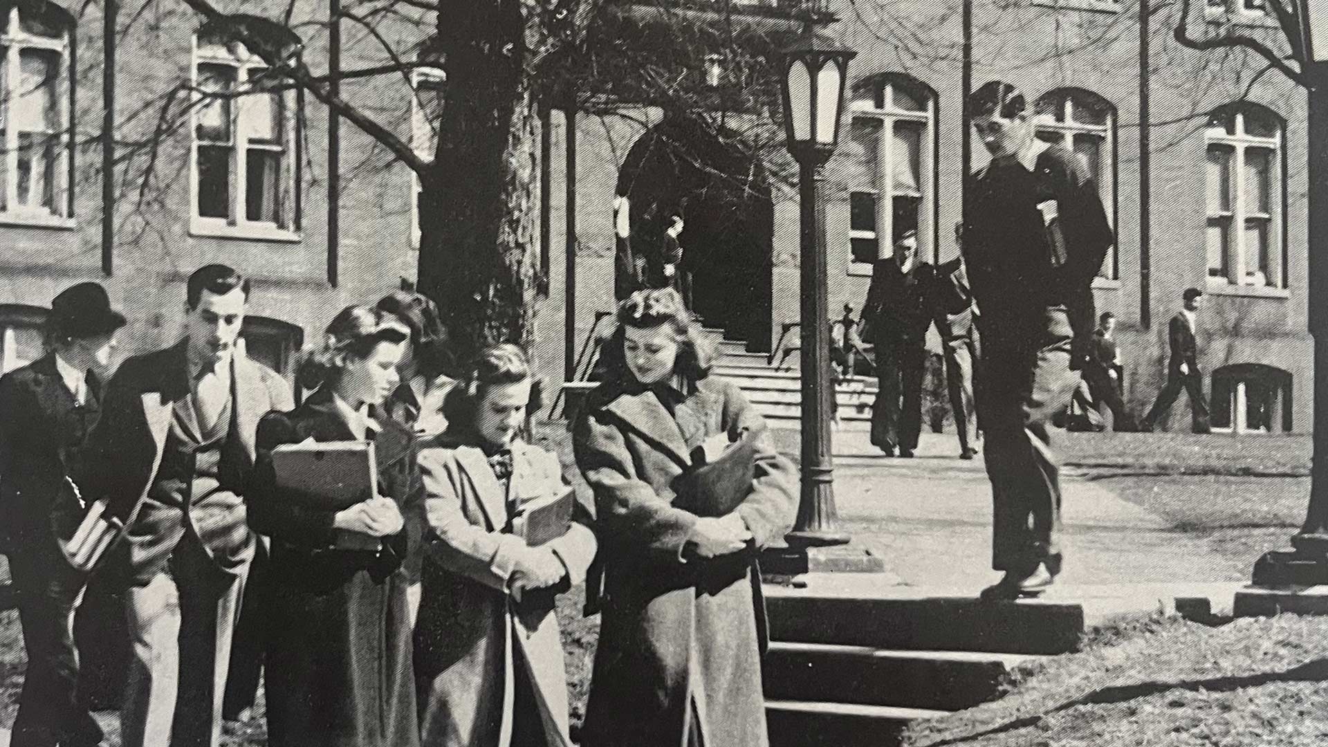 historic photo of Juniata College student walking on campus