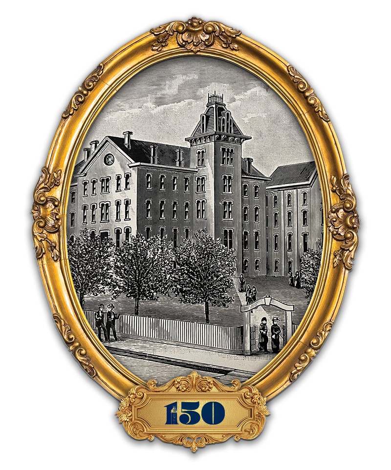 illustration of founders hall in a decorative gold frame