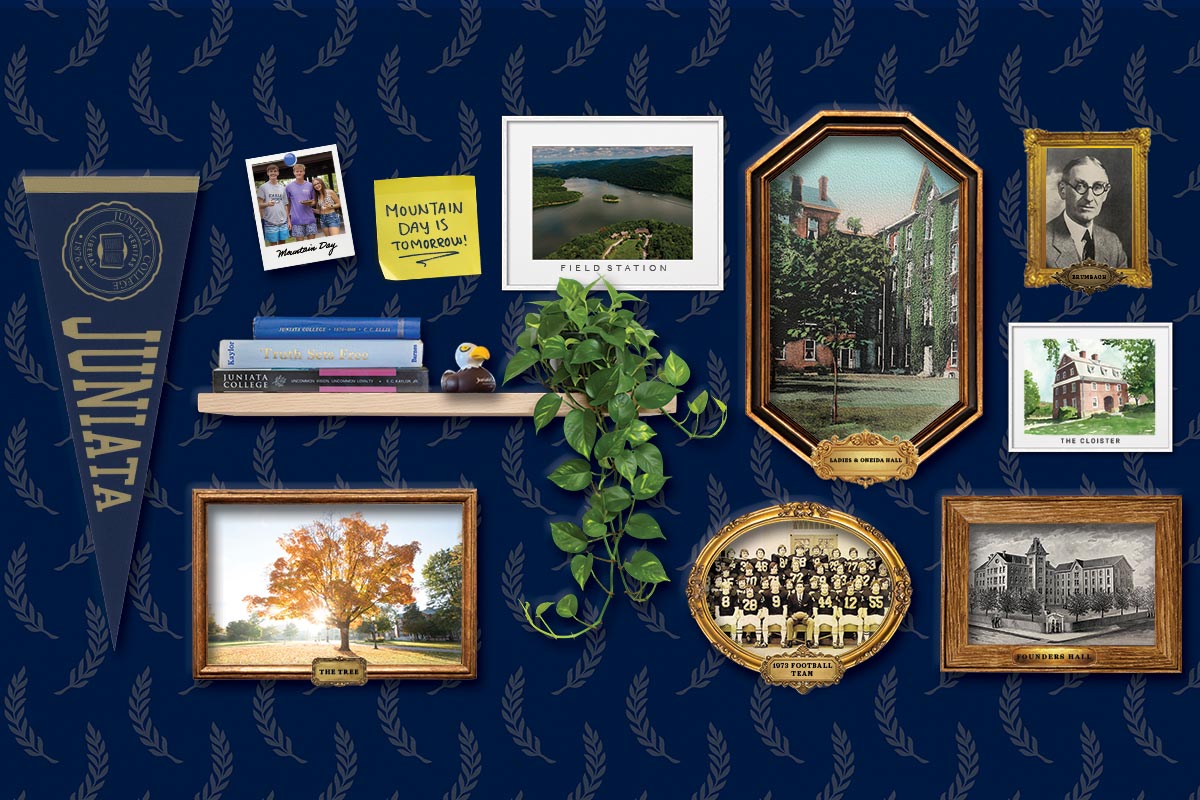 Illustration collage of Juniata memorabilia and historical photos