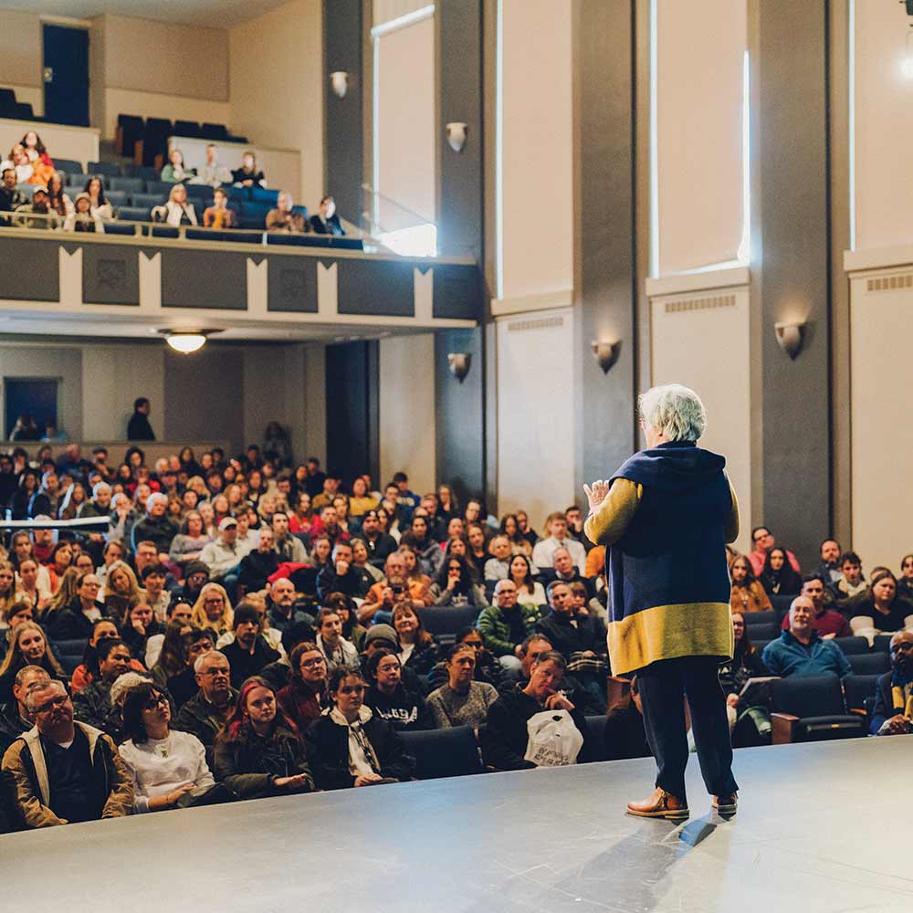 Acting President and Provost Lauren Bowen welcomed prospective students and their families in the newly renovated Rosenberger Auditorium.