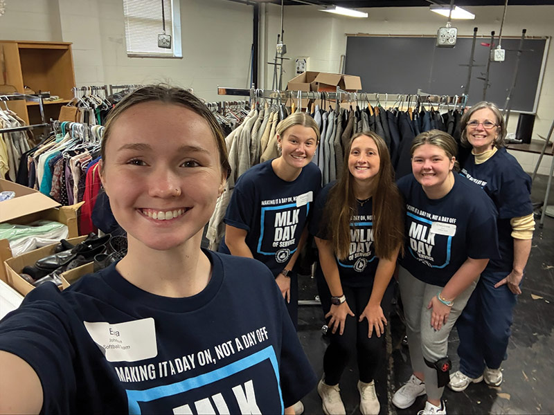 Eva Johnson ’27 joined a group led by Tammy Stuber, associate director of career development, supporting Juniata’s Career Clothing Closet and preparing peers for professional interviews