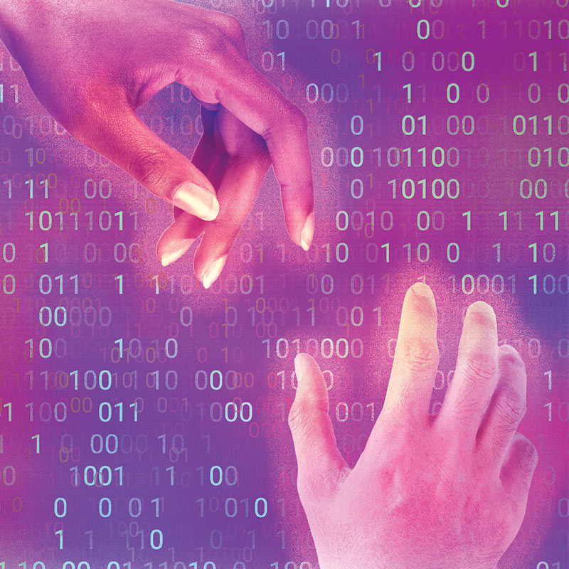 illustration of hands with binary code in the background