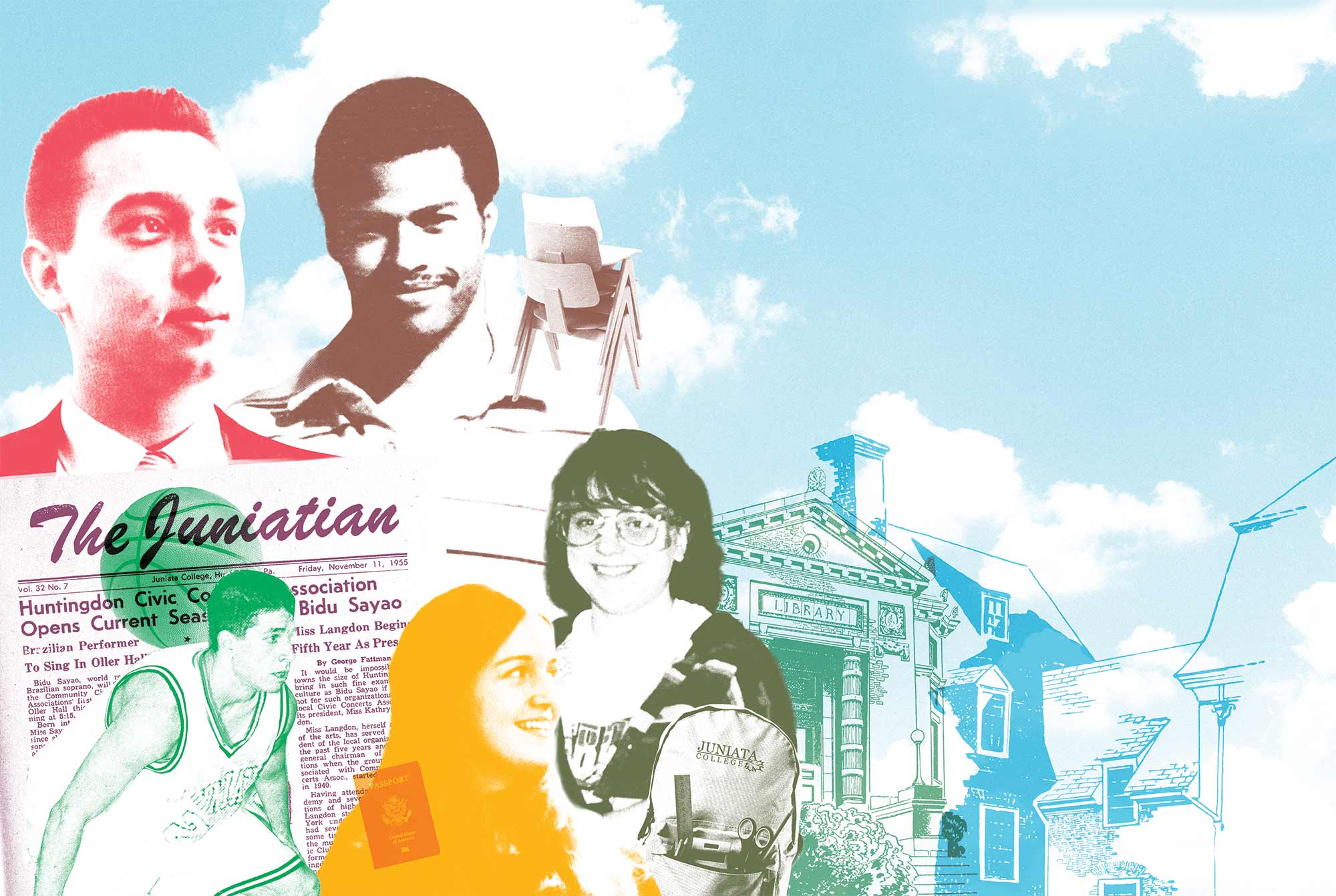 Illustration of colorful portraits from past Juniata yearbooks